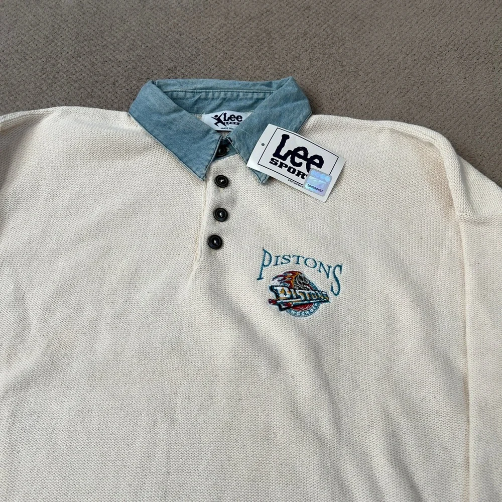 Vintage 1990s Lee Sport Detroit Pistons NBA Knit Polo Sweater Cream XXL XL